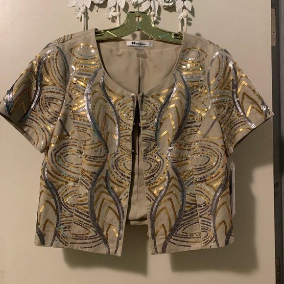 Nwt, Nygard linen top/jacket with gold and silver sequined applique, sz … - Picture 1 of 16